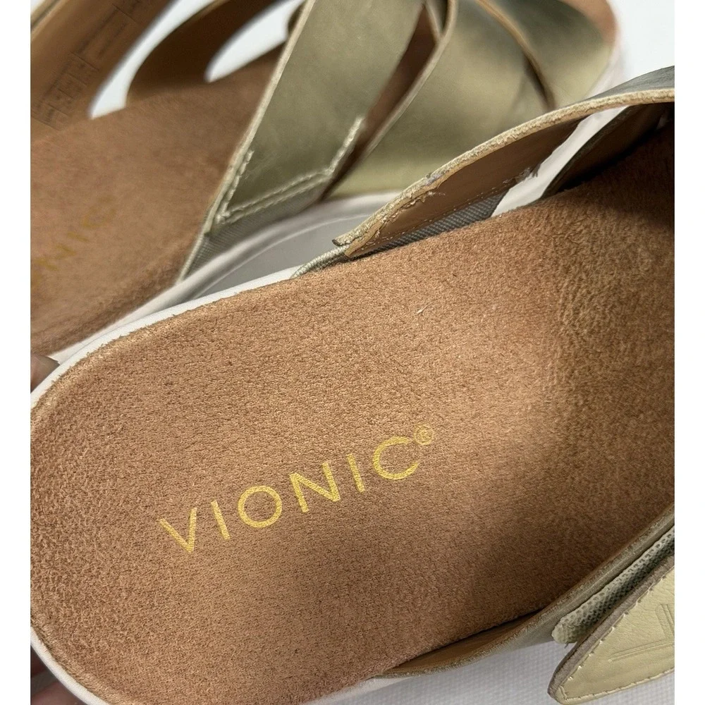 Vionic Women's Gold Metallic Leather Uptown Sunset Wedge Slide Sandal Size 7
